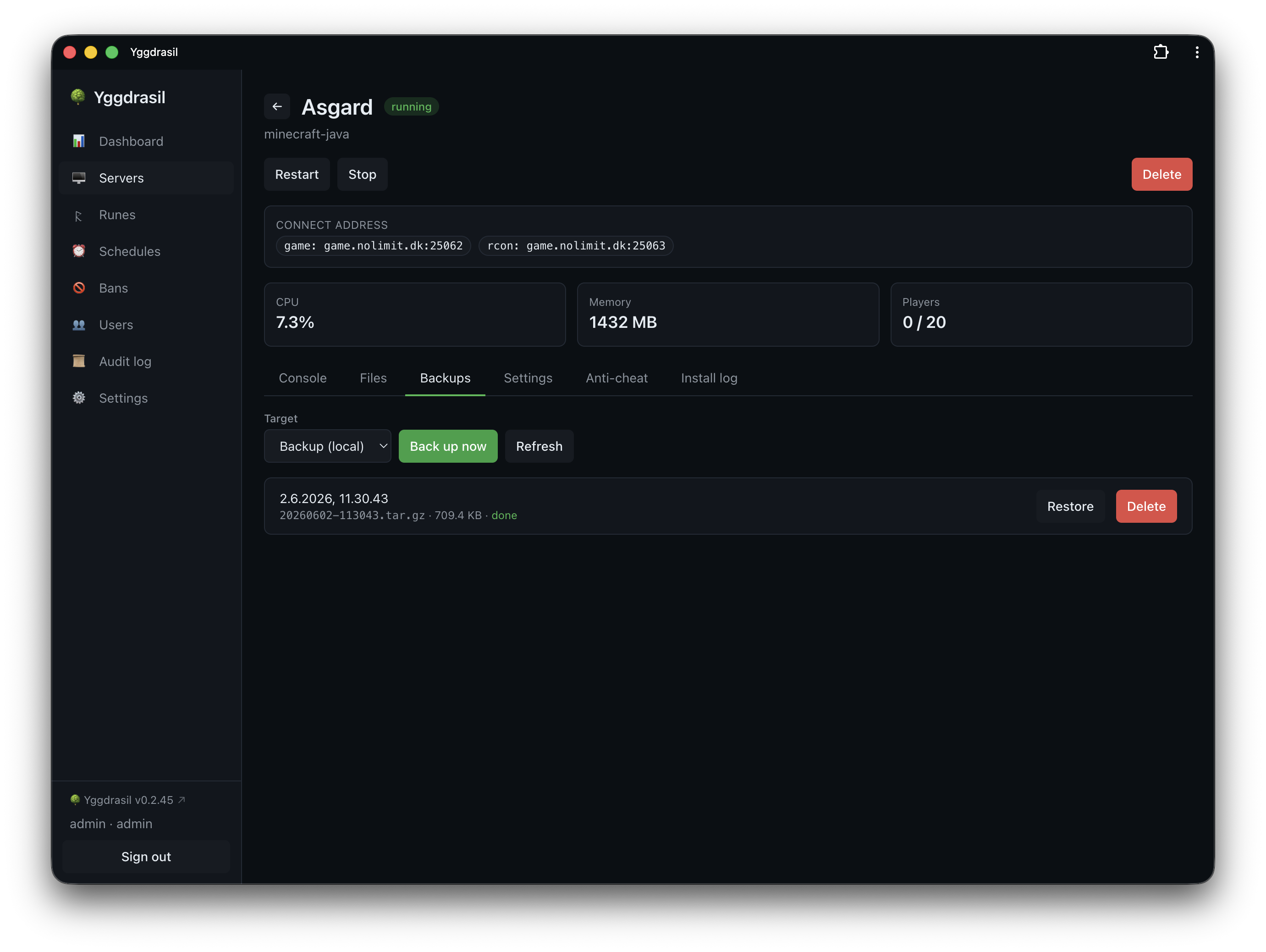 Server backups tab